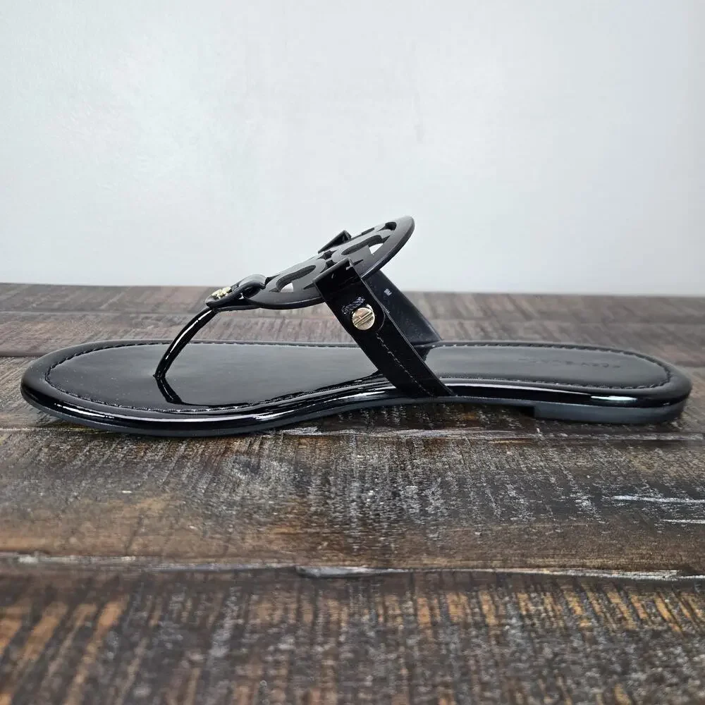 NEW Tory Burch Miller Patent Leather Womens Size 7 Logo Sandals Flip Flops Black